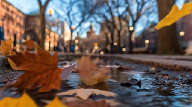 Paper boat floating in puddle with autumn leaves reflection
