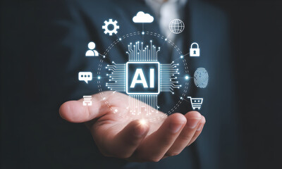 Modern AI integration concept presented with hand, future of technology now