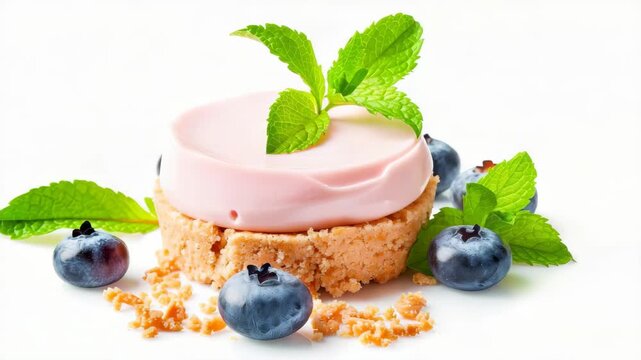 Berry Bliss: A mouthwatering close-up of a delightful dessert, showcasing a delectable pastry base topped with creamy goodness, complemented by fresh blueberries and vibrant mint.