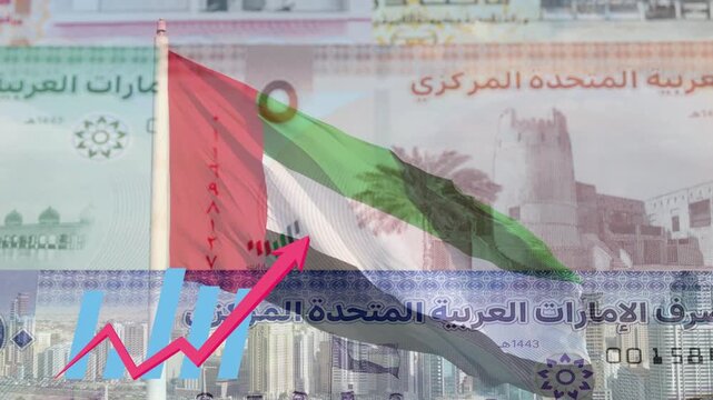 United Arab Emirates flag with Growing financial charts and diagrams showing increasing profits. Economic or stock market concept with United Arab Emirates dirham banknote.
