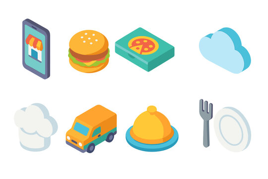 Food and delivery 3d icon set. Restaurant, dining, cuisine icons collection