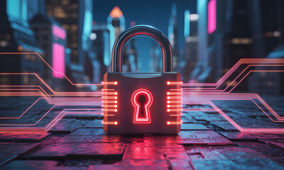 Cybersecurity padlock protecting digital city data with vibrant glowing circuits