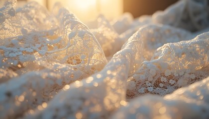 Close-up of delicate lace fabric glowing in warm morning light
