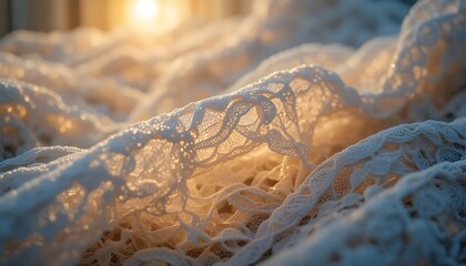 Close-up of delicate lace fabric glowing in warm morning light
