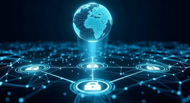 Cybersecurity network protecting global data with modern lock icons and earth - Powered by Adobe