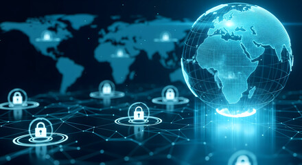 Secure global network with glowing locks protecting data worldwide beautifully