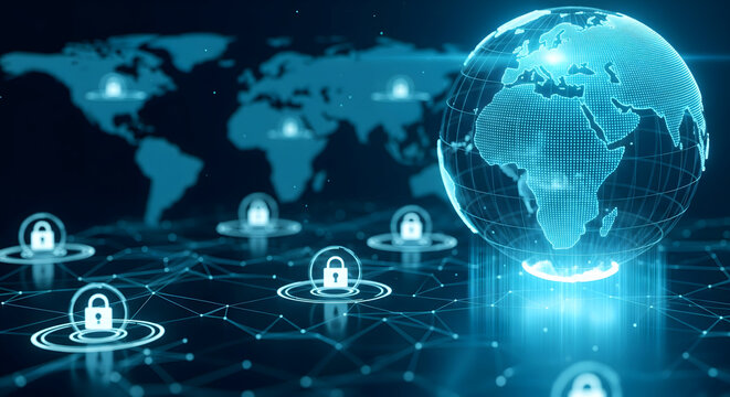 Secure global network with glowing locks protecting data worldwide beautifully