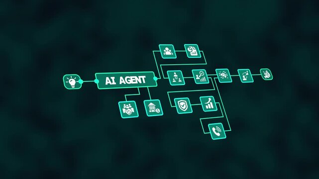 AI Agent Automation System Diagram. Futuristic artificial intelligence workflow showcasing smart digital decision models, autonomous operations, machine learning performance mapping.