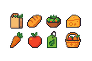 Food and grocery pixel icon set. Fresh produce, organic food icons collection