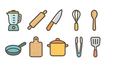 Fototapeta premium Kitchen utensils flat icon set. Cooking tools and gadgets illustration collection