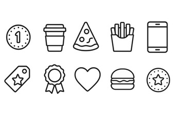 Food and shopping line icon set: pizza, coffee cup, shopping tag, phone, burger