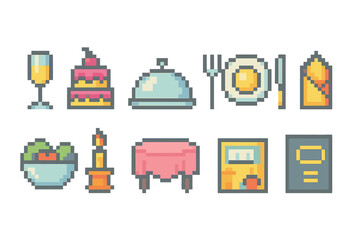 Obraz premium Food and dining pixel icon set. Restaurant, meal, dining, menu pixel collection