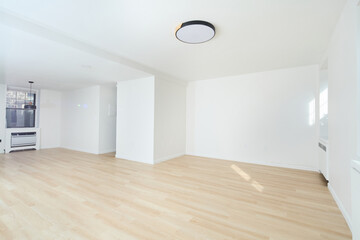 Bright empty white room with natural wood floors