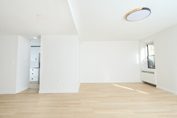 Bright empty white room with natural wood floors