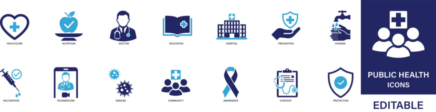 Public healthcare icon set clean flat vector symbols for medical ,service, prevention, treatment, hospital , health, and safety visuals
