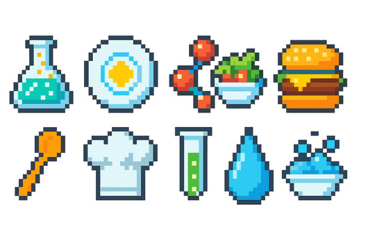 Food and cooking icon set. Colorful pixel art icons collection for culinary projects