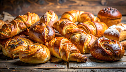 Assorted Freshly Baked Pastries on Rustic Wooden Table with Flaky Croissants and Topped Rolls
