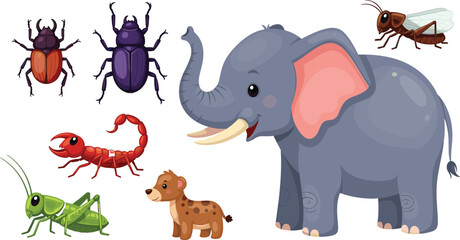 Cartoon animal and insect set, elephant, hyena, grasshopper, scorpion, beetle, bug, cute wildlife clipart, colorful, nature, character design