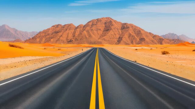 Endless Journey: An open road stretches towards a majestic mountain under a vast, cloudless sky, conveying a sense of adventure, freedom, and the allure of the unknown.