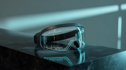 Futuristic VR goggles with glowing blue circuit patterns on lenses on a dark surface , technology, cyber, digital, interface,
