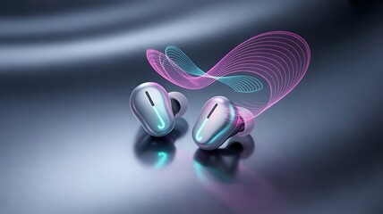 Futuristic wireless earbuds with glowing neon sound waves , , technology, futuristic, neon, glowing, digital,