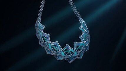 Intricate geometric necklace with iridescent blue and green accents , necklace, jewelry, accessory, geometric, intricate
