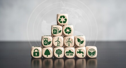 Sustainable eco-friendly solutions are vital for a greener future on wooden blocks displaying recycling and renewable energy icons, symbolizing environmental awareness