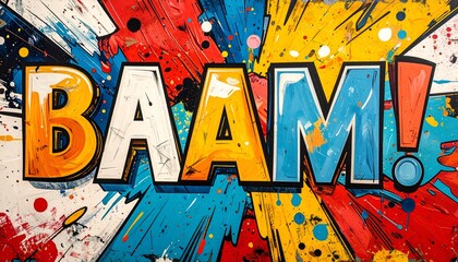 Bold pop art style painting "BAAM!" exclamation in dynamic, colorful explosion