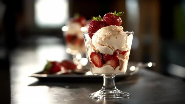 Delicious strawberry ice cream parfait dessert with fresh fruit and cream in glass cups sweet treat for celebration and indulgence
