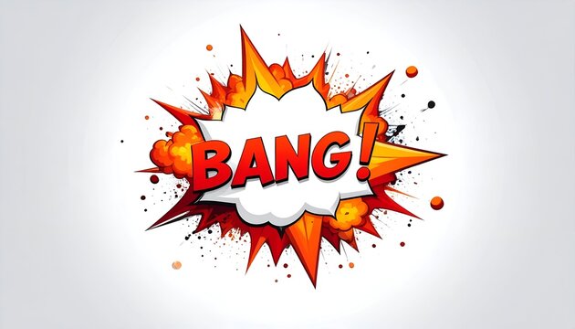 Comic-book style explosion on a gradient background, featuring the word "BANG!" in a white speech bubble - Powered by Adobe