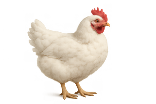 White chicken standing on transparent background, poultry farm animal, hen producing fresh eggs