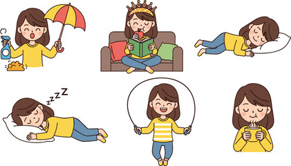 Cartoon girl daily routine, sleeping, reading, cleaning, drinking, jumping rope, cute character, expressive poses, lifestyle, kids, vector art