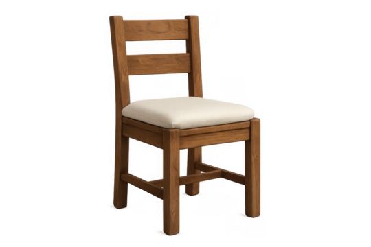 Wooden dining chair with light cushion, home furniture for dining room, kitchen, interior living, isolated on transparent background