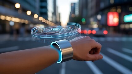 Person wearing futuristic smartwatch displaying holographic interface in city street , futuristic watch, smart technology