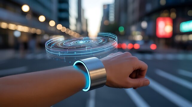 Person wearing futuristic smartwatch displaying holographic interface in city street , futuristic watch, smart technology