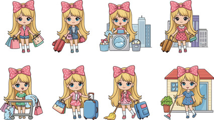 Cartoon girl activities, daily life scenes, shopping travel chores, cute character vector, pink bow outfit, lifestyle illustration, home fashion