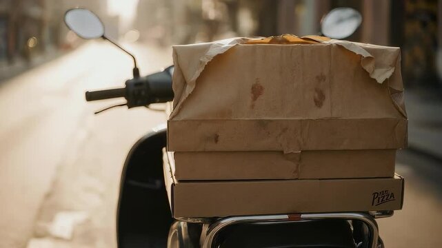 Close up of pizza boxes stacked on a scooter ready for delivery on a sunny street scene today