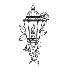 vintage lantern with burning candle surrounded by roses line art