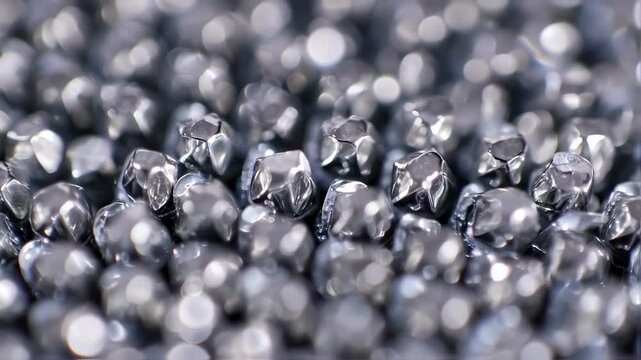 A close-up of a textured surface comprised of many shiny, silver-gray, irregularly shaped objects