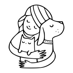 happy owner embracing her pets (dog and cat) line art