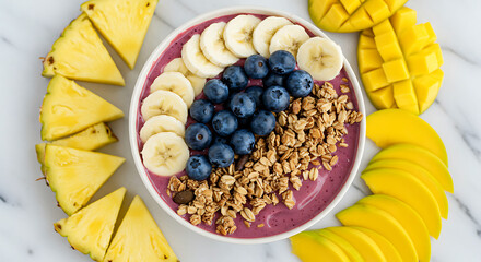 Overhead view of a vibrant smoothie bowl with banana, blueberries, granola, pineapple, and mango on a marble surface.