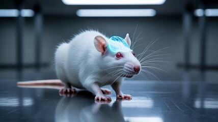 White laboratory mouse with glowing brain implant rodent , mouse, rodent, animal, laboratory, science, 