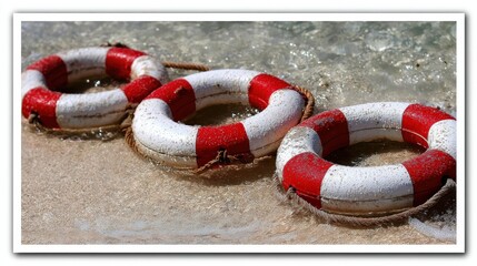 Three red and white flotation rings rest at the shallow edge of clear water.