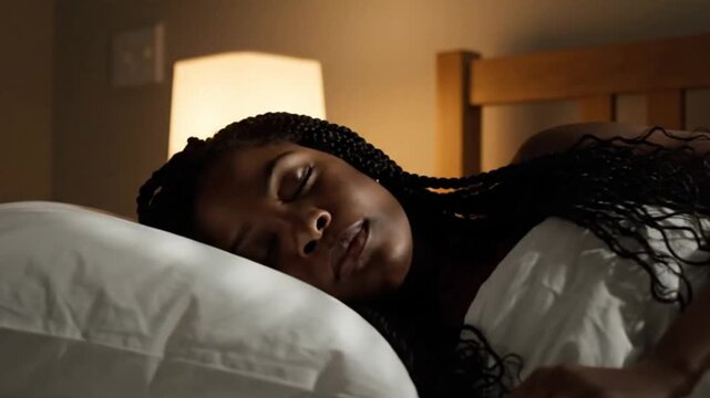 A peaceful black woman sleeping soundly in bed, resting comfortably after a long day