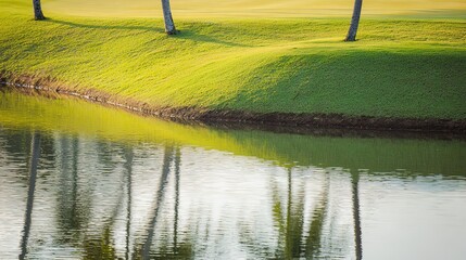 Golf course water hazard with grassy bank and tree reflections, sunlit landscape under clear sky, wide view, copy space.