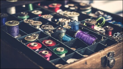 Vintage sewing kit with colorful thread spools and buttons, organized in wooden box, close - up view, copy space.