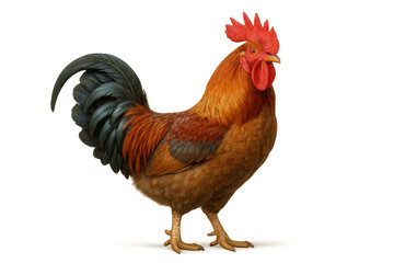 Fototapeta premium Rooster standing in profile, showing vibrant red and brown feathers on a transparent background for easy integration