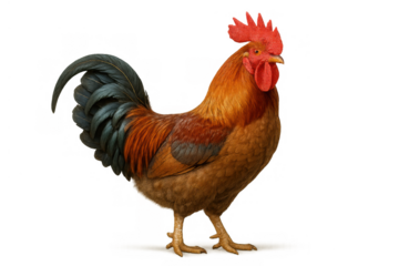 Rooster standing in profile, showing vibrant red and brown feathers on a transparent background for easy integration