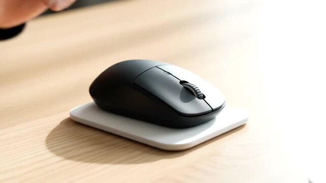 A minimalist home office setup with a wireless computer mouse on a clean wooden desk, a simple home improvement project for modern living