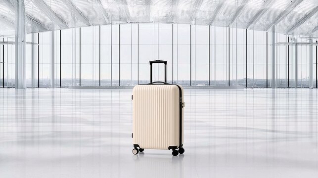 A single, cream-colored rolling suitcase is positioned in the center of a vast, modern, and brightly lit interior space, likely an airport or exhibition hall. - Powered by Adobe